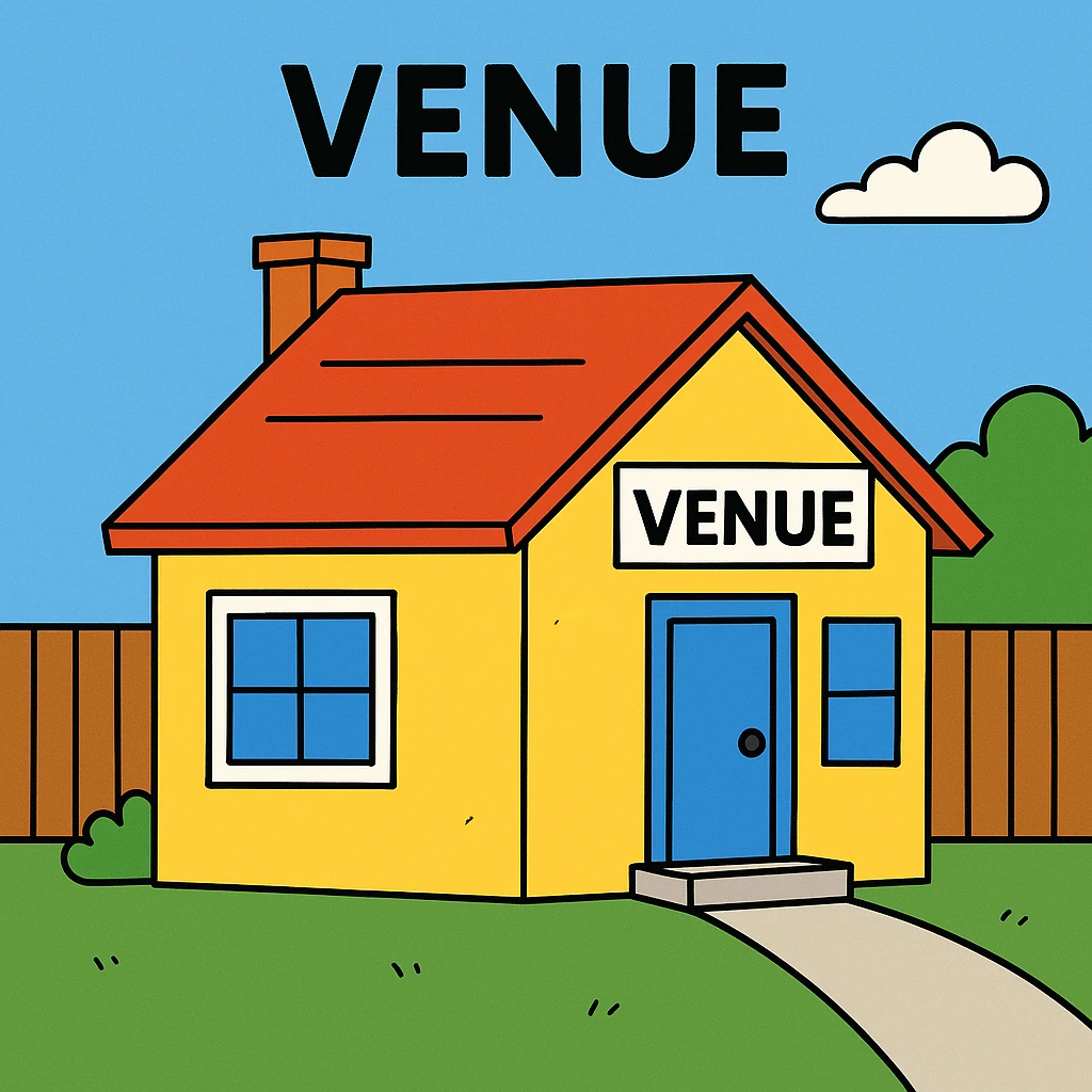 Venue – a place where an event happens.
The concert will take place at a new venue downtown. emoji