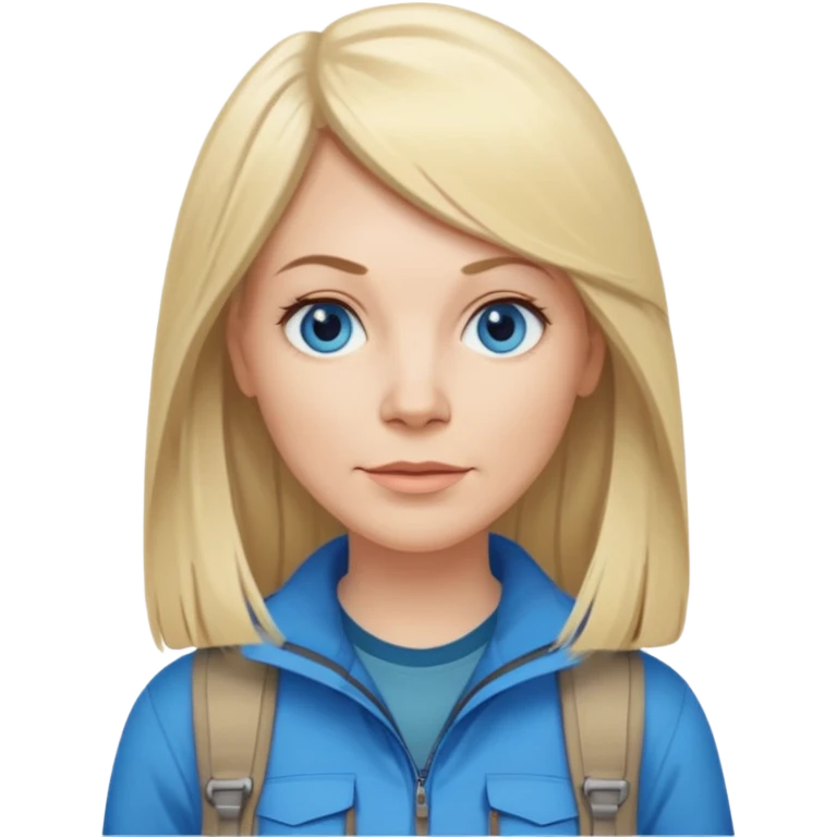 45 yr old white woman, pale skin, long straight blond hair parted in center, blue eyes, bangs, clothes for hike emoji