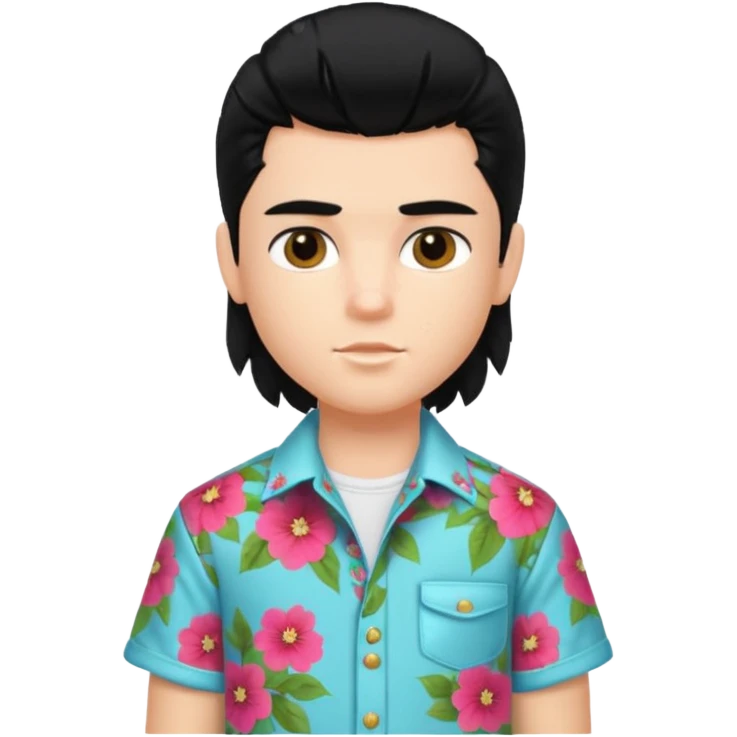 generate a pretty bratz fair skinned boy with a mullet black hair wearing a floral shirt emoji