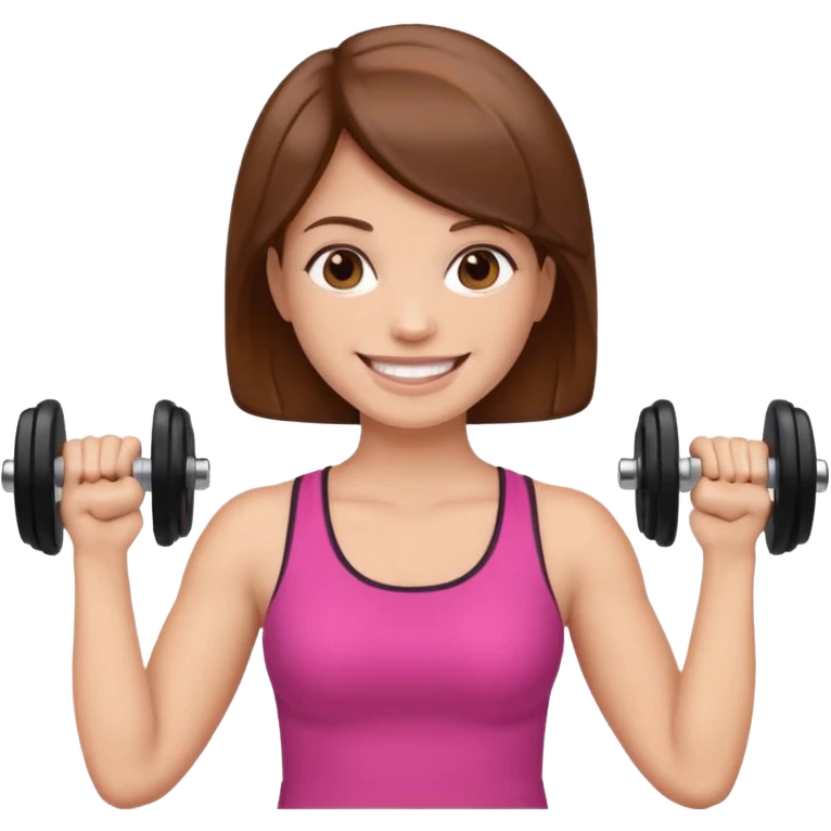 woman holding dumbbell in one hand and face roller in another, smiling, emoji style emoji
