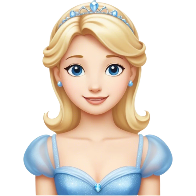 Cinematic Radiant Cinderella Portrait Emoji, rendered in a clean vector-style with bold proportions. Show Cinderella with a warm, serene smile, fair skin, and lustrous blonde hair, wearing a simple yet elegant dress that shimmers with gentle light. The image glows with an inviting, soft radiance and high shine, embodying timeless beauty. emoji