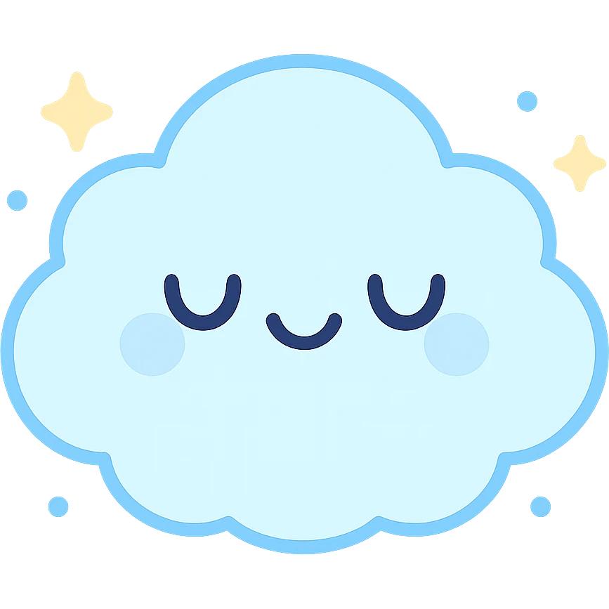 chibi cloud character, extra round and puffy, smiling with closed eyes, pastel sky blue, sparkles, floating effect, kawaii vector sticker emoji