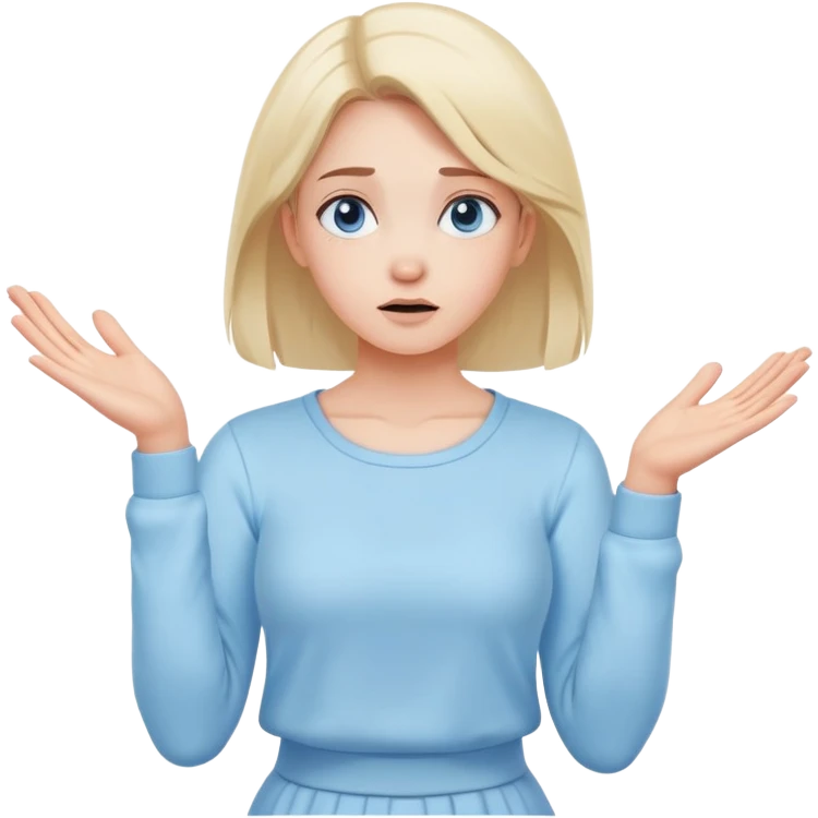 girl wearing pastel blue clothes shrugging with hands spread in an "I don't know" gesture emoji