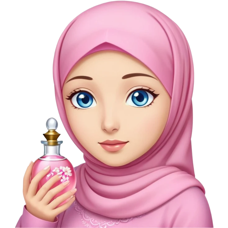 Turkish beautiful finish Konya girl blue eyes with light sakura and pink hijab islamic dress and She's wearing sakura perfume emoji