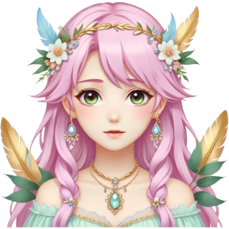 Beautiful gorgeous anime lady with beautiful pastel-special-hair, fashion aesthetic, ethereal, fairycore, pastelcore, feather, flower, crystals, accessories, gold jewelries, gold, colorful, gold laurel, gold halo, cottagecore,  emoji