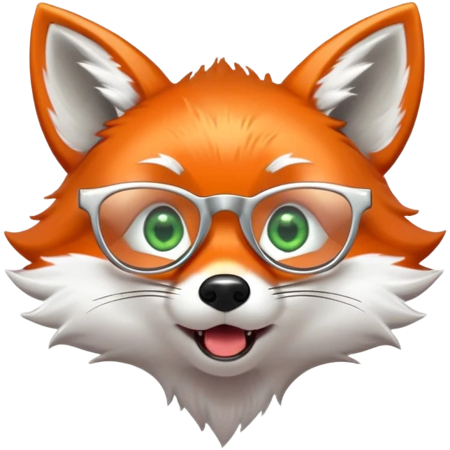 A surprised fox with sparkling fur, a glowing tail, a silver star on its forehead, and round glasses, with wide open mouth and eyes, looking shocked or scared emoji