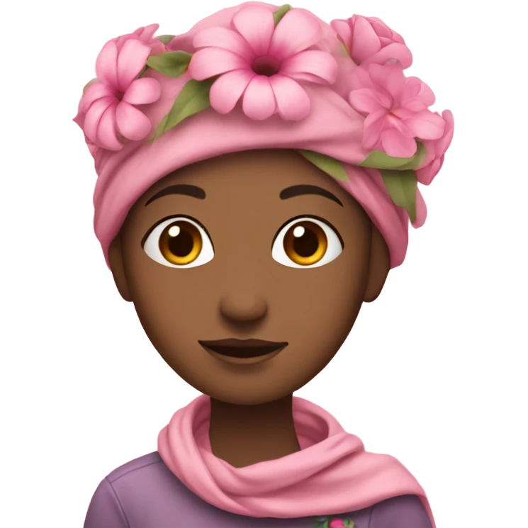 girl with a scarf on her head and a bouquet of pink flowers emoji