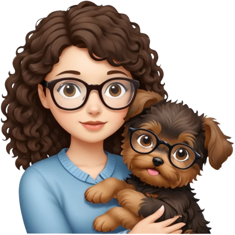 Brunette girl with glasses and curly hair embracing a yorkshire terrier puppy emoji