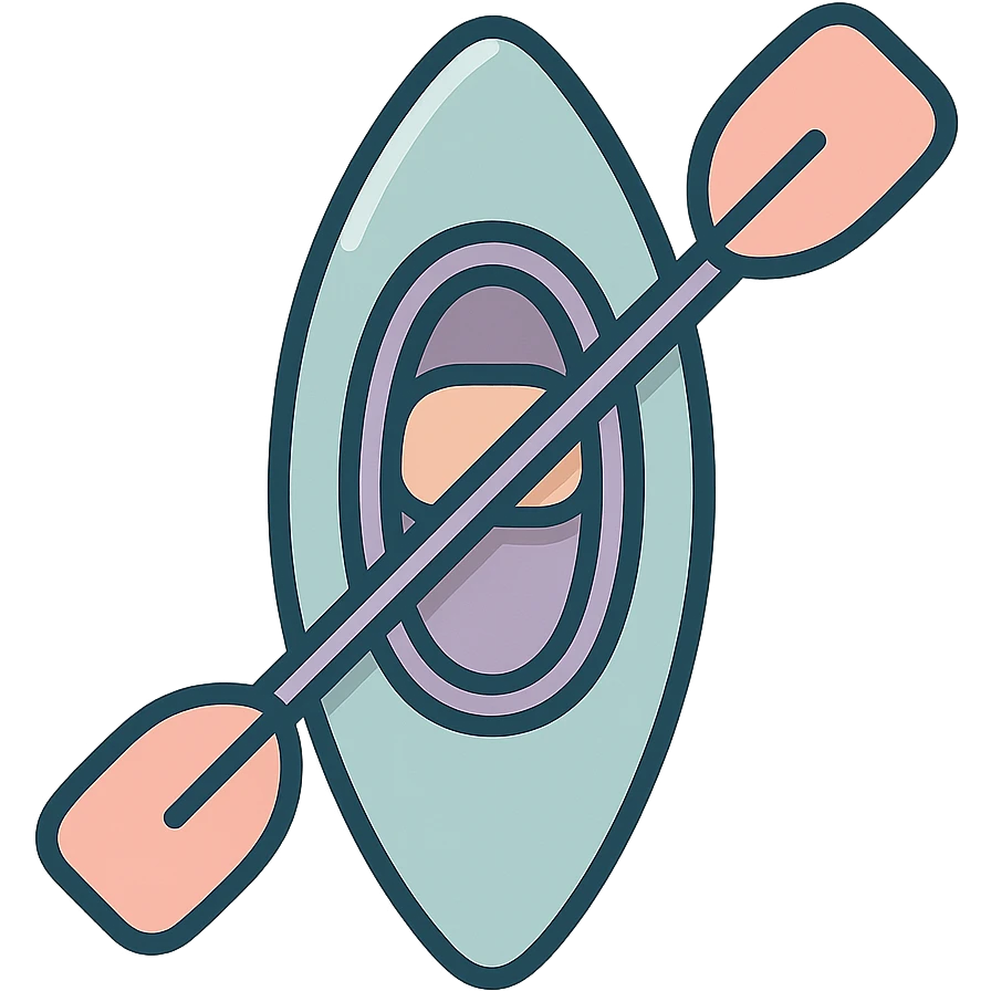 cute rowing kayak with paddle, top view, paddle angled differently, detailed shading, thin clean outlines, soft rounded features, pastel palette #98B5BC #B5B3C1 #C9A3C9 #E4C0CA #F7DCD1 #F7C0AA, Japanese pop art, sticker look, highly detailed, vector clarity, soft lighting, subtle shadows, transparent background emoji