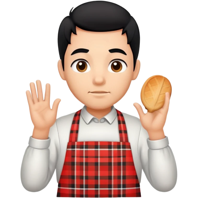 big boy with black hair all up, wearing a white and red plaid apron emoji