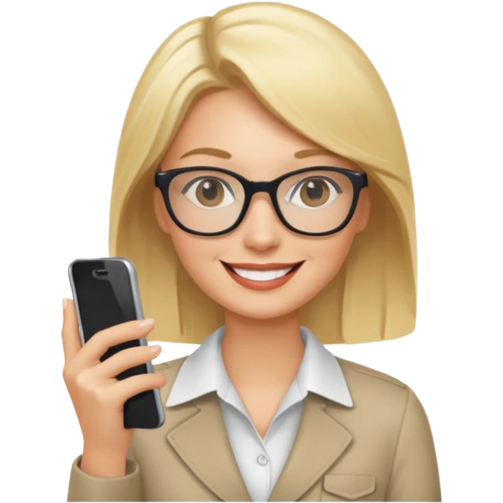 Blonde marketing agent with phone and glasses emoji