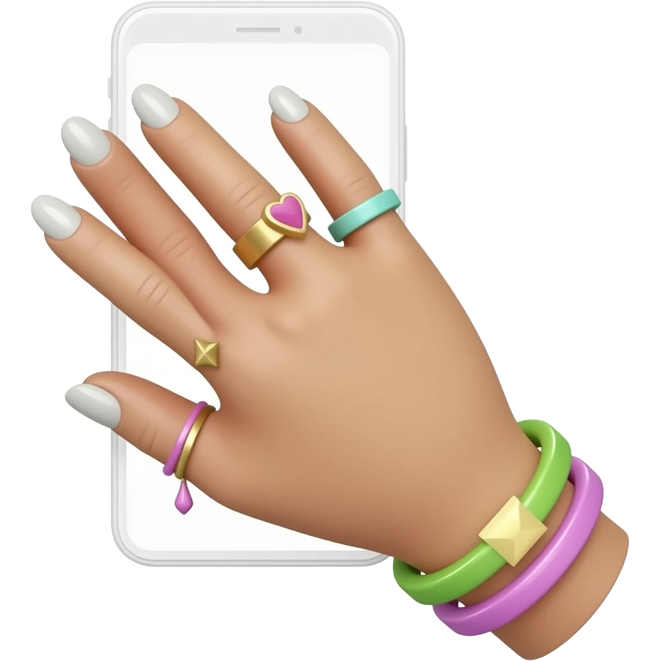 cute girls hand with pastel nails, rings, and accessories. holding iphone with screen upwards emoji