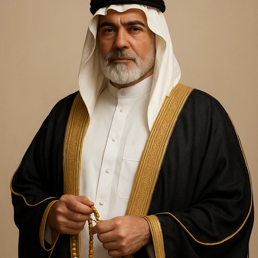 classic rich Arab man, white thobe, ornate bisht, holding prayer beads, sophisticated emoji