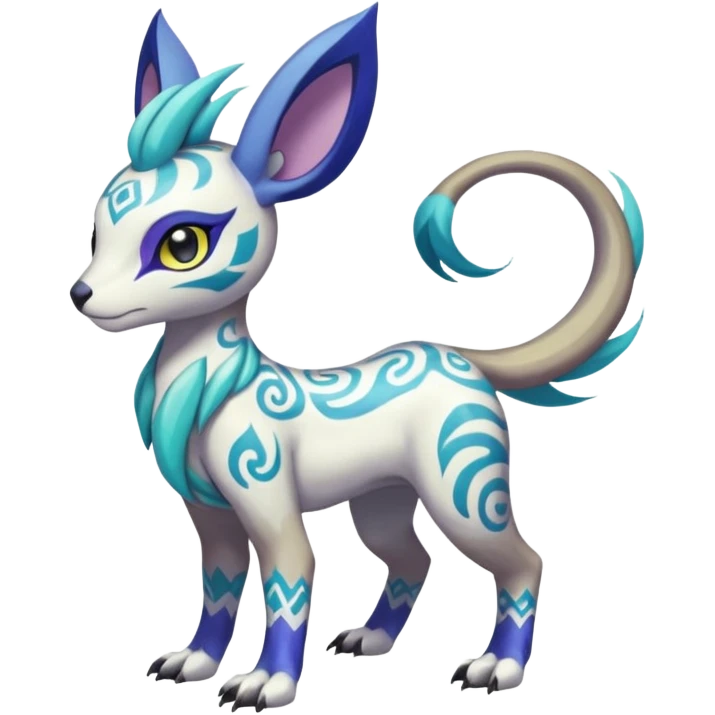 Tropical Tiny Marked Patterned Tribal Colorful Skilled Adept Graceful Asian Painted Garurumon-Meloetta-Absol-Suicune-Cobalion-fusion-hybrid-creature (full body) emoji