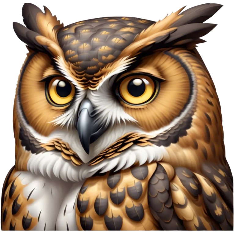 Cinematic Deep Thought Great Horned Owl Portrait Emoji, Head held high with a calm, reflective gaze, showcasing a beautifully mottled plumage and piercing golden eyes that seem to ponder the mysteries of the night, Simplified yet majestically refined features, highly detailed, glowing with a soft, contemplative light, high shine, poised and thoughtful, stylized with an air of profound introspection, capturing the essence of an owl deeply engaged in thought, so thoughtful it feels like it could silently share timeless secrets from beyond the screen! emoji