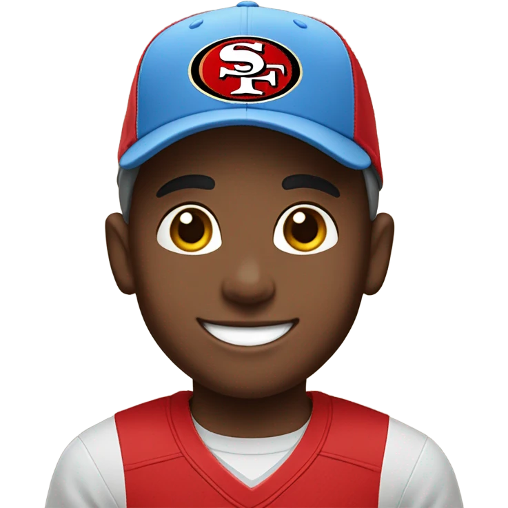smiling boy in blue shirt add 49ers hat  emoji