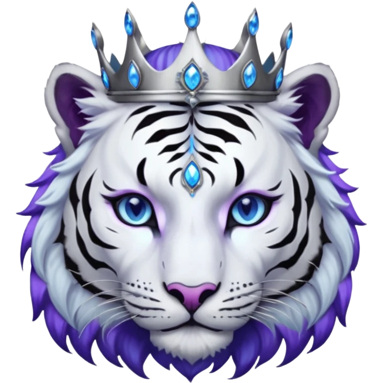 ESO Female white/black tiger khajiit leader of the umbral rose, glowing blue eyes, glowing blue 'third eye' gem; purple gemmed silver crown/tiara emoji