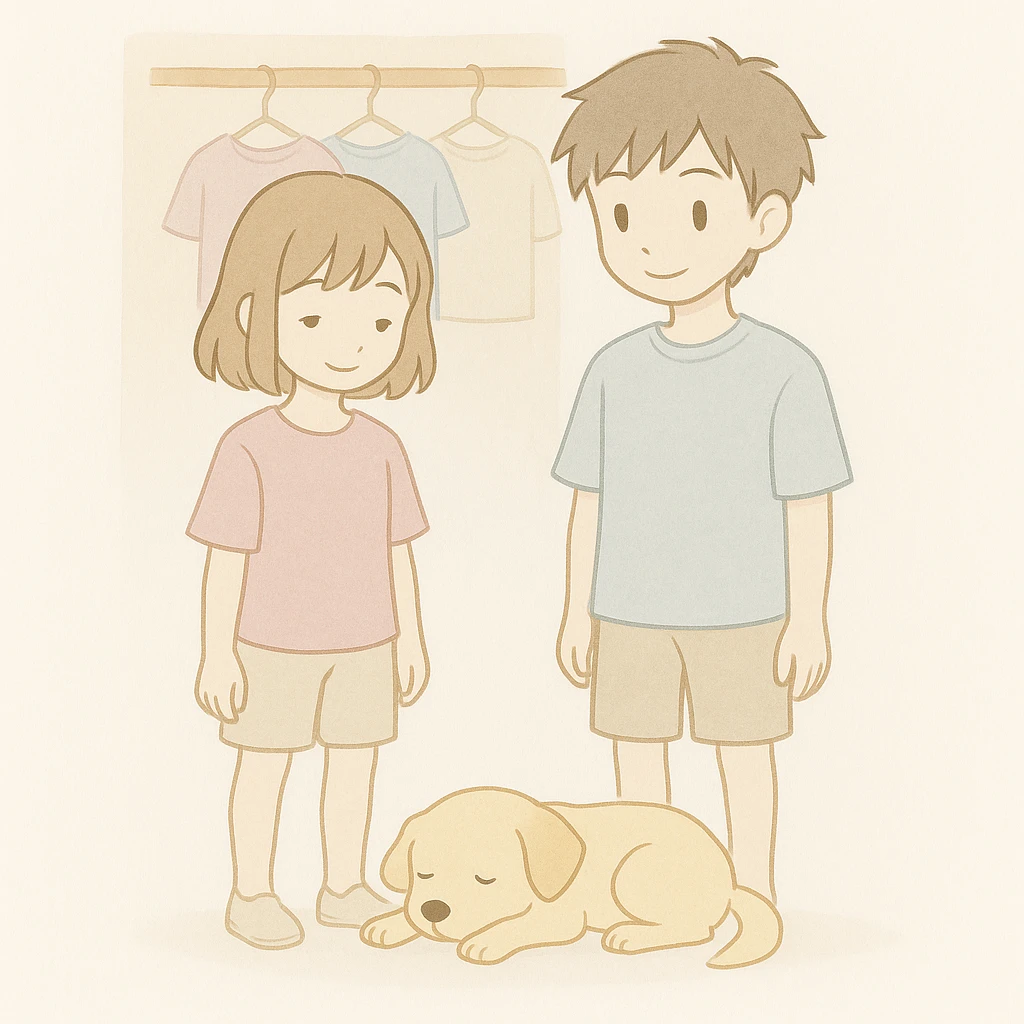 Zoom out to show the full bodies of the boy and girl standing in front of the closet, making the closet more visible. Maintain the soft watercolor illustration style with pastel colors, delicate linework, a gentle, whimsical mood, anime-inspired features, and minimal, soft shading. emoji