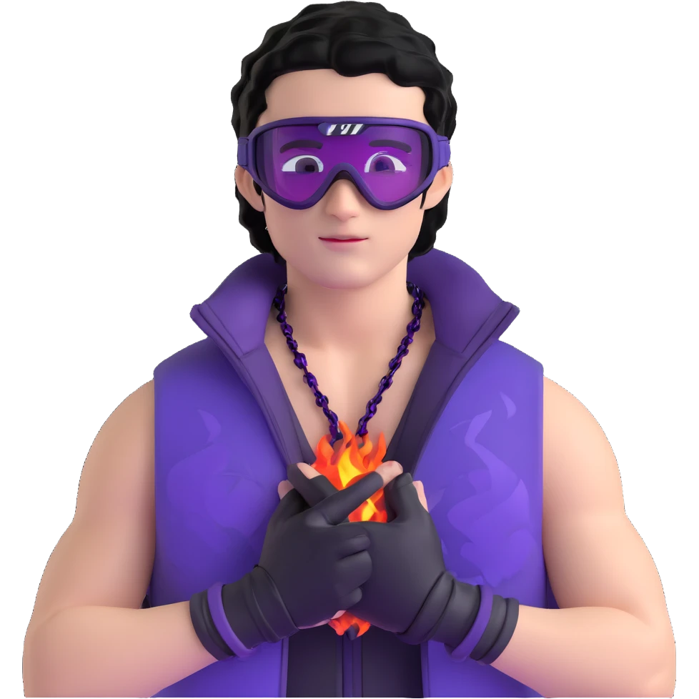 male athlete with white skin and moderately curly black hair on top with shaved sides, wearing ski goggles with purple frames and very dark black lenses, a simple plain black chain necklace, and a completely unzipped sleeveless vest with purple and black sequin fire pattern design, fully revealing his chest, shoulders and arms, no earrings emoji
