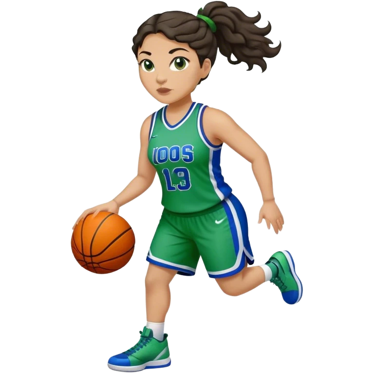 full body plus size light skin latino women basketball player with wavy dark hair in pony tail wide nose wearing green and blue uniform emoji