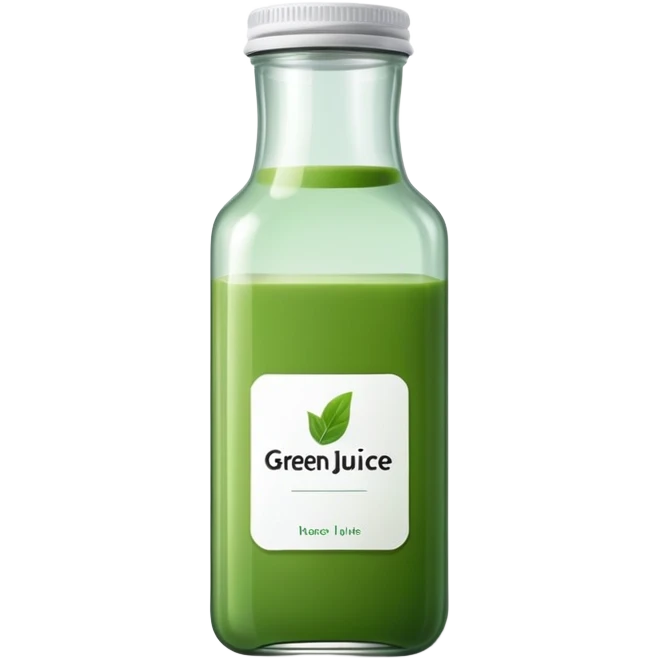 green juice in clear square bottle with label emoji