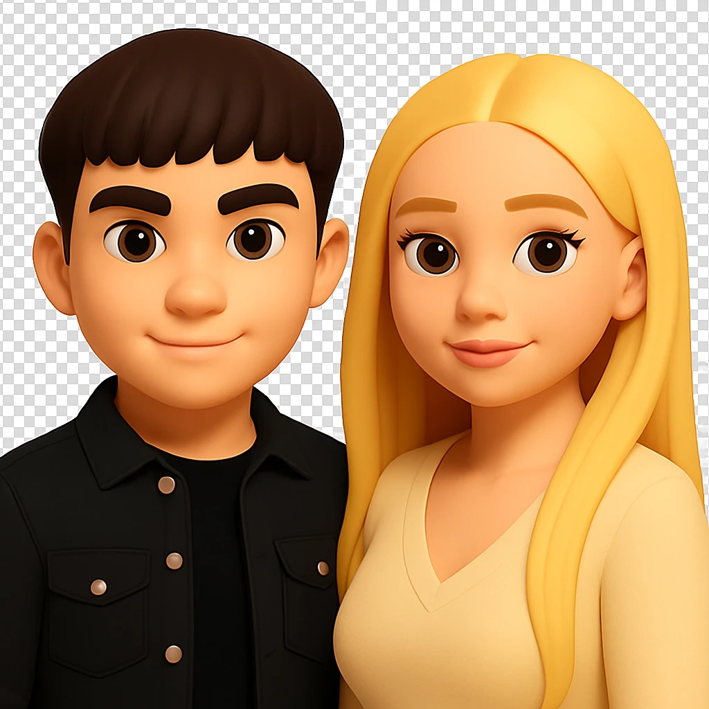 Slightly increase the volume of the upper body of the girl and slightly turn her to face forward, without changing the face of the boy. Maintain the 3D emoji style look and keep the background transparent. emoji