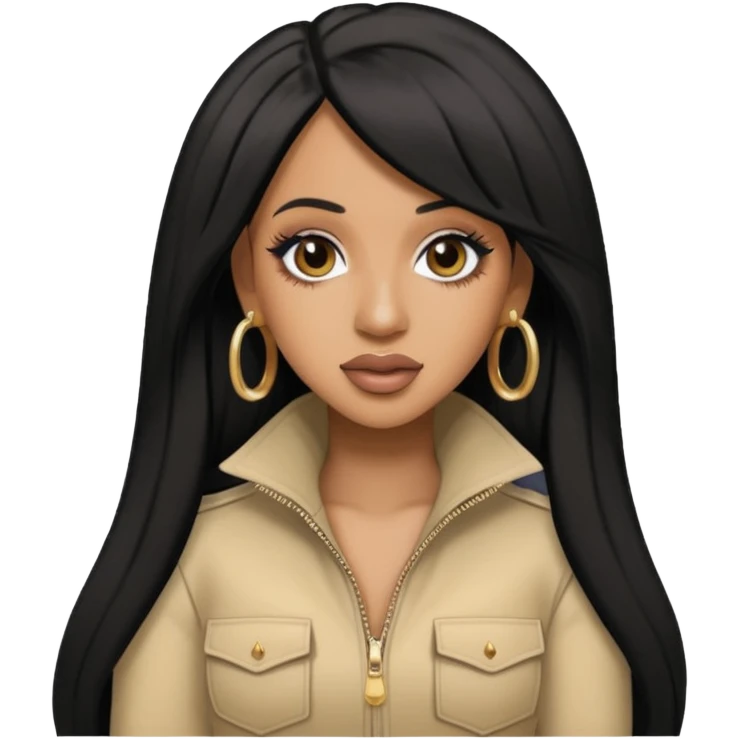 Cardi B with long jet black hair, beige outfit emoji