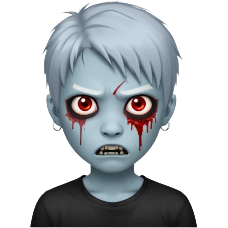 3D emoji-style avatar with very pale blue-grey zombie skin , a young Asian face, and large eyes with blood tears. Give it white litle bit messy mullet hair style , silver hoop earrings, and a plain black T-shirt. The face expression should be slightly angry, with vampire fang emoji