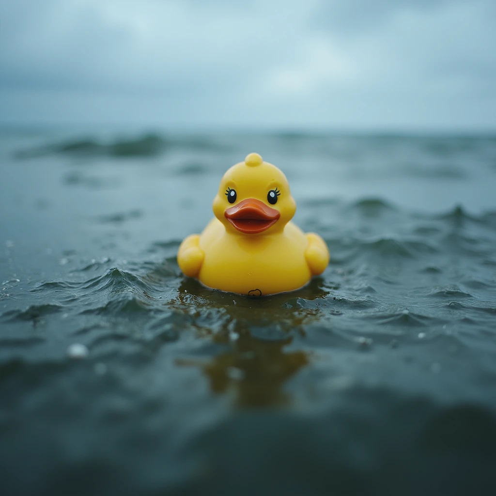  Cinematic still, Extreme Closeup shot of Yellow duck toy on ocean during cloudy day, stormy sea, Camera from top, inspired by interstellar emoji