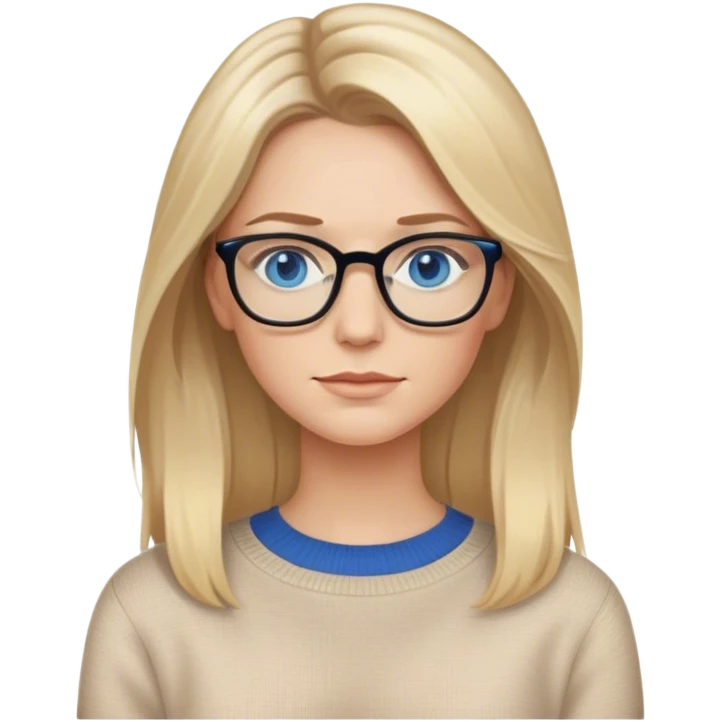 Hyper Realistic Adult White women, long blonde balayage hair, no smile, beige sweater, blue eyes and glasses  emoji