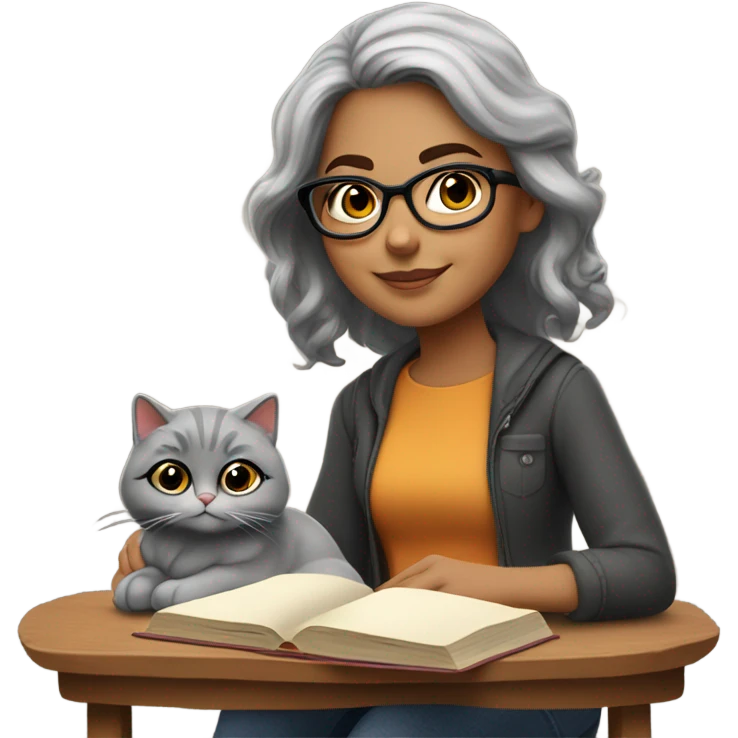 Beautiful Hispanic girl, wearing glasses, shoulder length gray hair, sitting with a cat and book on her lap.  She’s wearing fall colors.  emoji