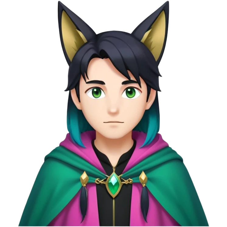 anime man with long-straight-dark-black-gradient hair with green accents, long black fox ears with pink Scapha, hazel-gradient-brown-turquoise eyes, gold earring, dark-blue-sweater, green cape,  emoji
