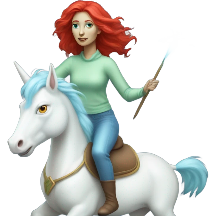 [
	{ woman: alien, color: light green, hair:red, eyes:blue} ]
	on a 
	[{ unicorn: white, legged:six, mane: light blue }] emoji
