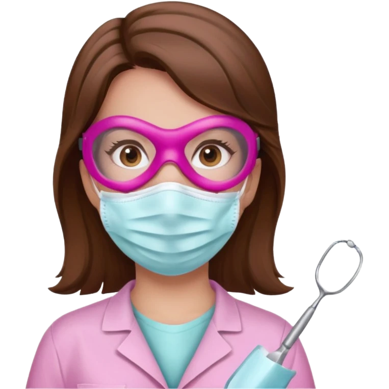 Dentista mujer con mascarilla rosada, cabello marron, piel blanca, camisa rosada, ojos marrones, sin lentes emoji