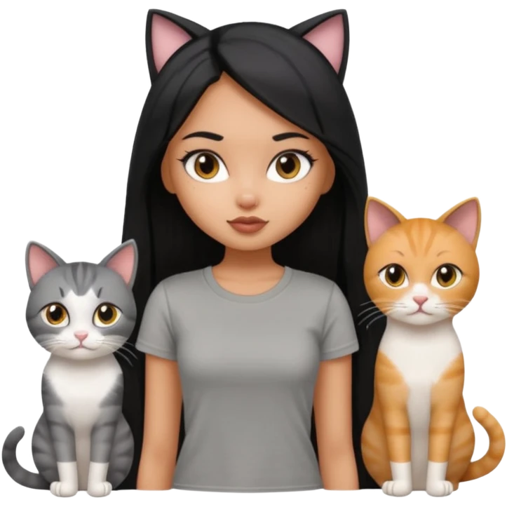 a pretty bratz dusky girl with long straight hair with four cats nd wearing a grey tshirt emoji