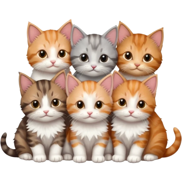 6 tiny kittens cuddling together all different colours, the first one is grey and white, the second is ginger and white and the third is brown tabby and white emoji