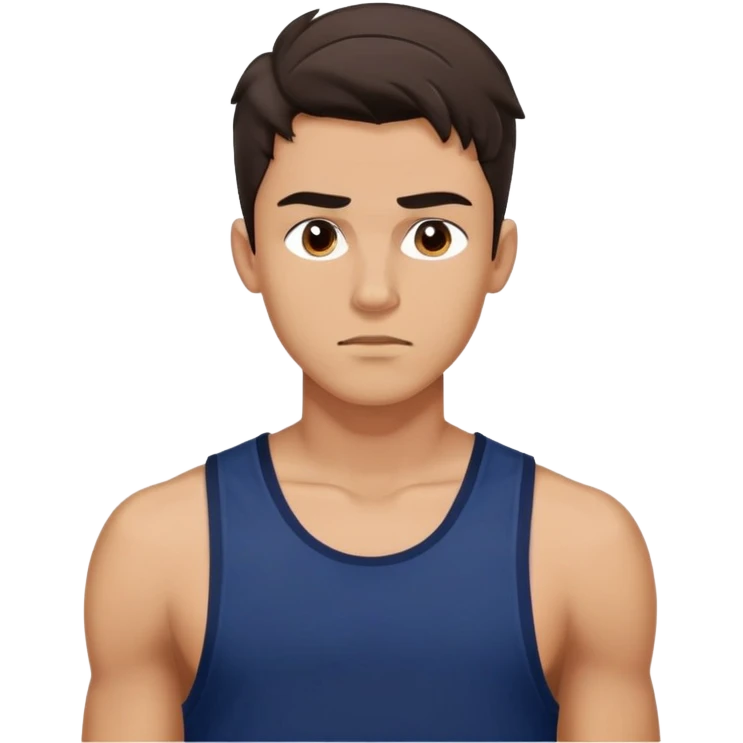 Athletic young man with light brown skin, elongated face, defined jawline, medium dark eyes, arched eyebrows, straight nose, concentrated expression, medium wavy dark hair with messy style, wearing a navy blue tank top emoji