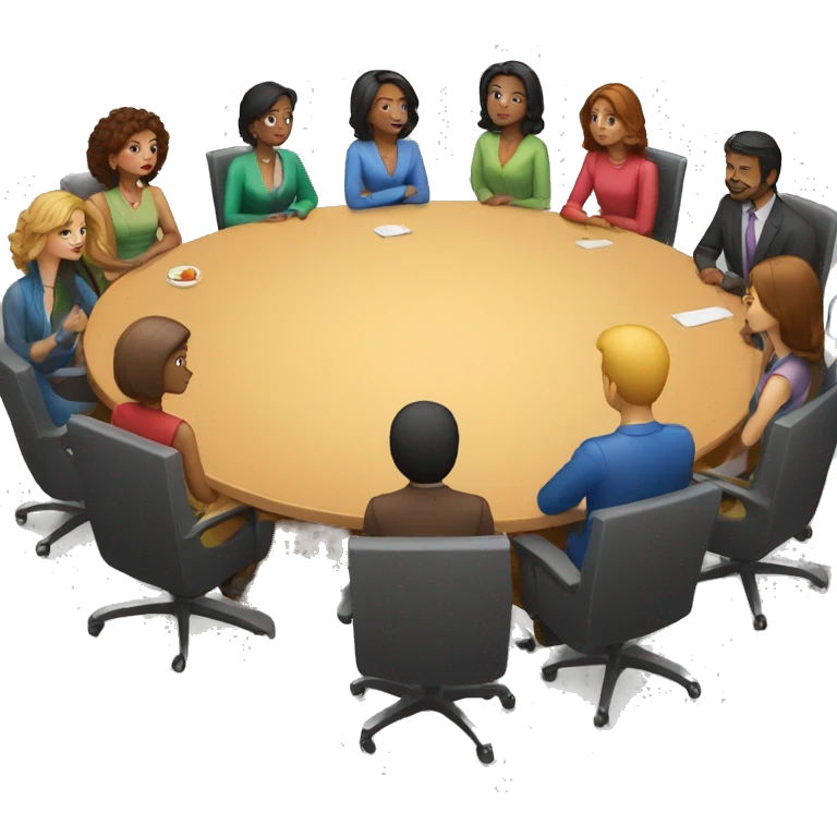 A round table with people sitting around it. They should be diverse in race and hair style emoji