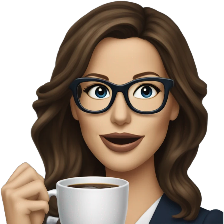 Hyper Realistic Kate Beckinsale dark blue eyes wearing glasses in a business dress drinking coffee happy  emoji