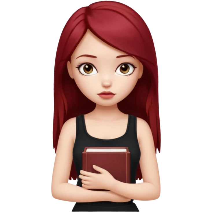 a pretty bratz fair girl with dark red straight hair, black cami top, looking sad holding books emoji