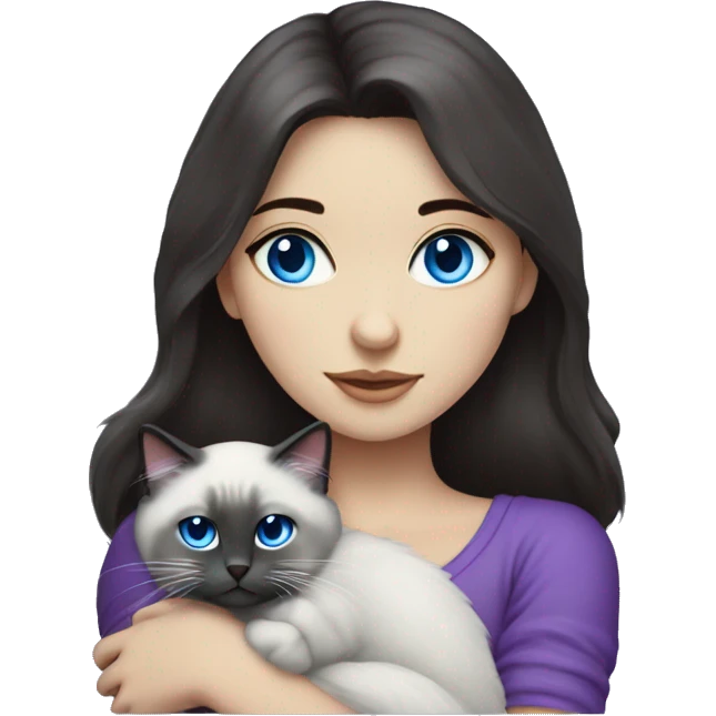 Dark-haired blue eyed girl wearing purple hugging blue colorpoint ragdoll cat emoji