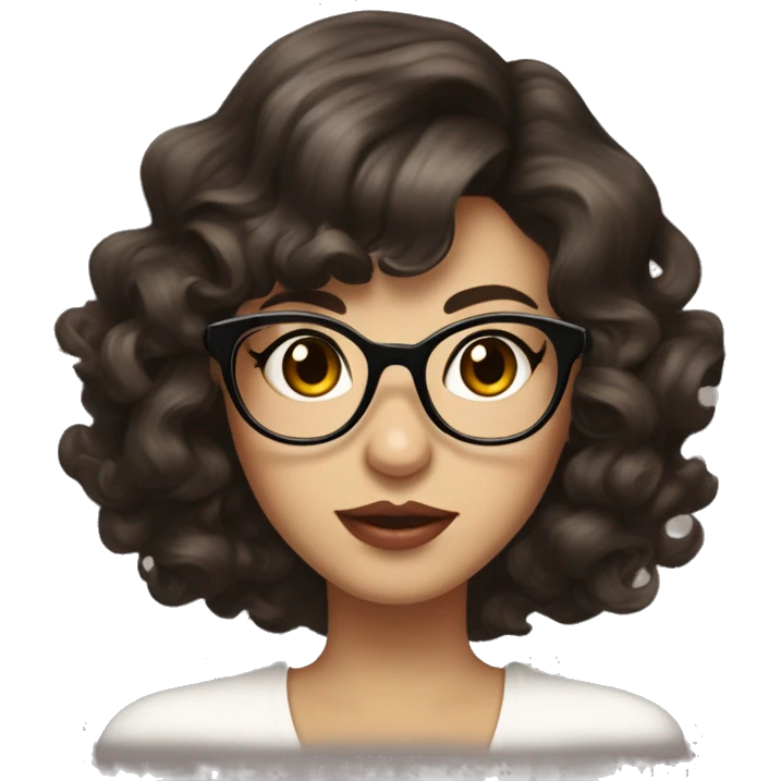 a young woman with dark brown, medium-length wavy hair and soft curls framing her face. She has a styled fringe, reminiscent of a vintage Marilyn Monroe look, and wears glasses that highlight her expressive dark brown eyes emoji
