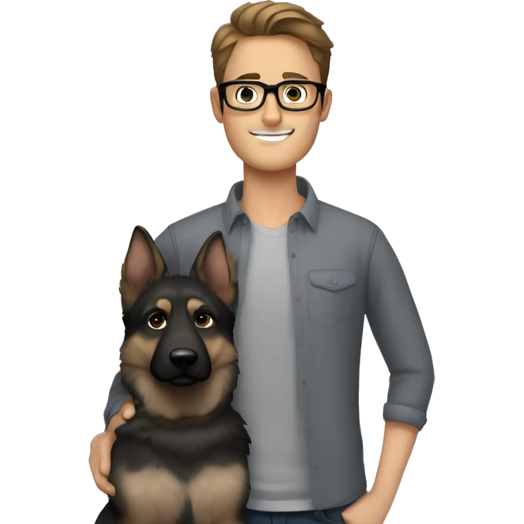 a handsome guy with brown hair, black thin stylish glasses and grey eyes hugging he grey german shepherd emoji