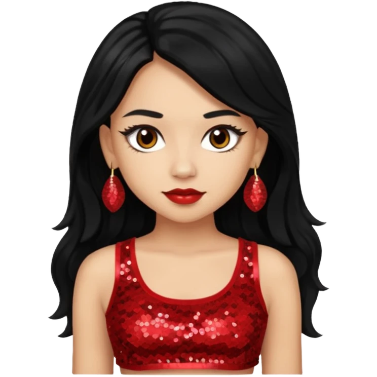 Jade from Bratz with long black hair, light skin, brown eyes, red sequin crop top emoji