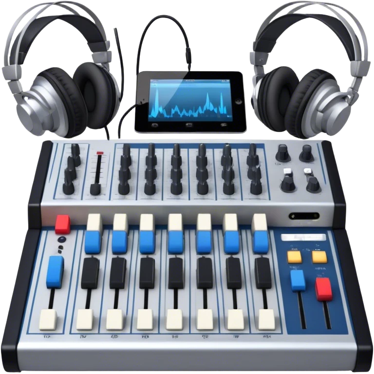Create a professional and technical emoji that represents sound engineering. The design should feature a sound mixing console with faders, a pair of studio headphones, and audio waveforms to symbolize the precision and technicality of sound mixing and mastering. Include elements like a microphone or audio cables to reflect the recording aspect. Use colors like silver, black, and dark blue to represent the technical, yet artistic side of sound engineering. The background should be transparent. emoji