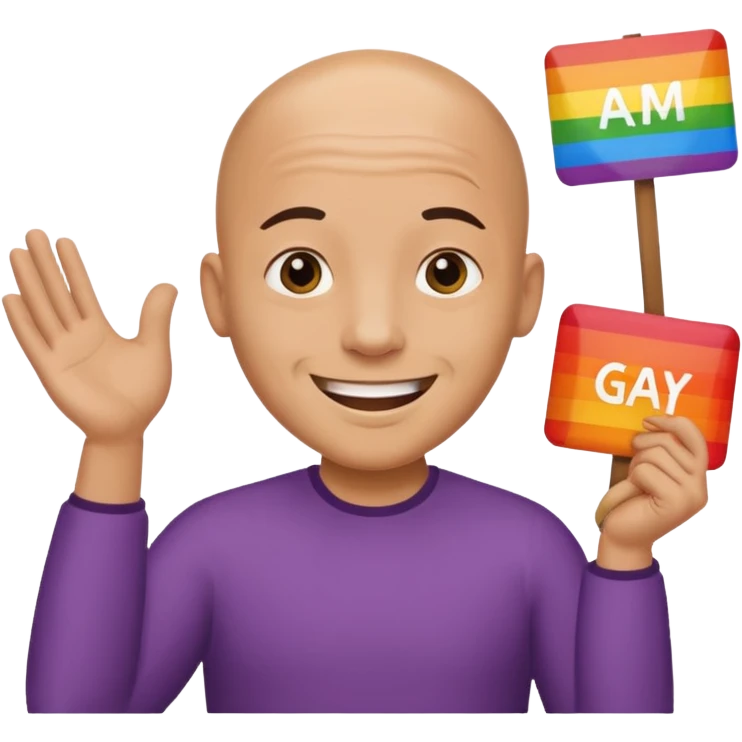 bald guy holding sign that says "am gay" emoji