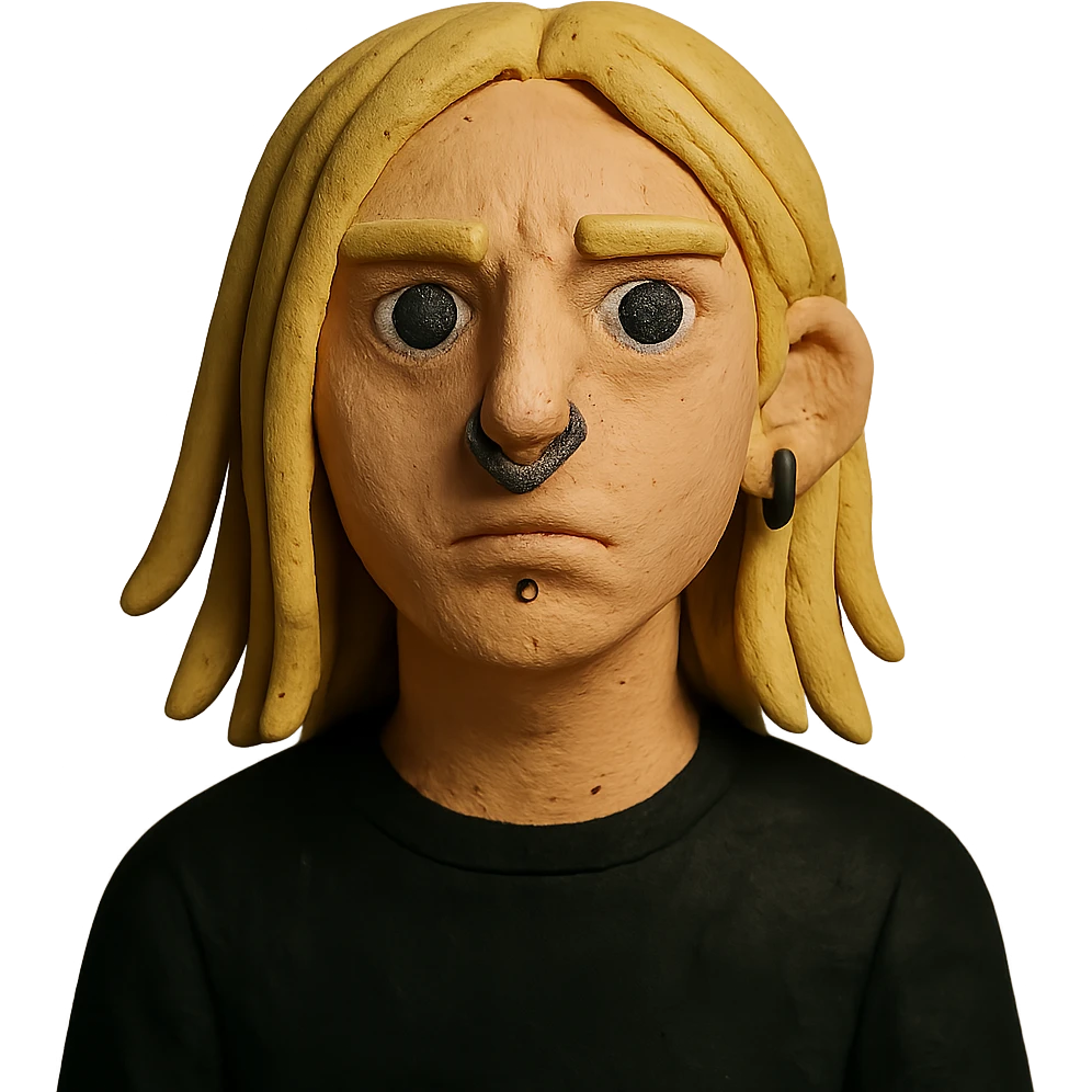 boy with long light blonde hair, dark blue eyes, facial piercings, all black clothing emoji