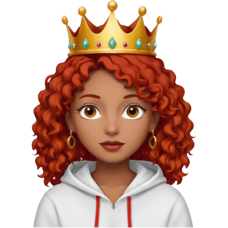 Slim girl with a fine face, dark chocolate-colored and tanned skin, medium-length curly tomato-red hair, dark eyes, medium-thick eyelashes, and a crown and hoop earrings wearing a white hooded sweatshirt.
 emoji