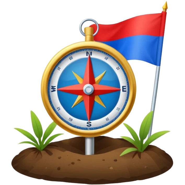 A minimal emoji of a compass pointing toward a planted flag. Flat design, confident colors, modern emoji style. Represents choosing direction and seeing it through to completion. Avoid corporate or motivational poster aesthetics. emoji
