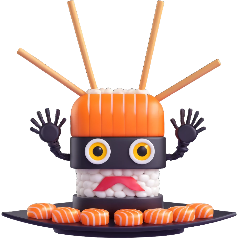 a robot shaped like a sushi roll, with LED eyes, tentacle sticks and soy sauce dripping like wires emoji